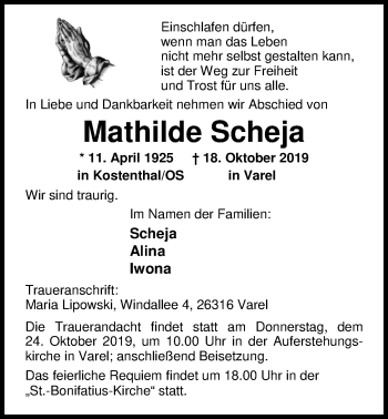 Traueranzeige von Mathilde Scheja von Nordwest-Zeitung
