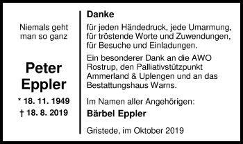 Traueranzeige von Peter Eppler von Nordwest-Zeitung