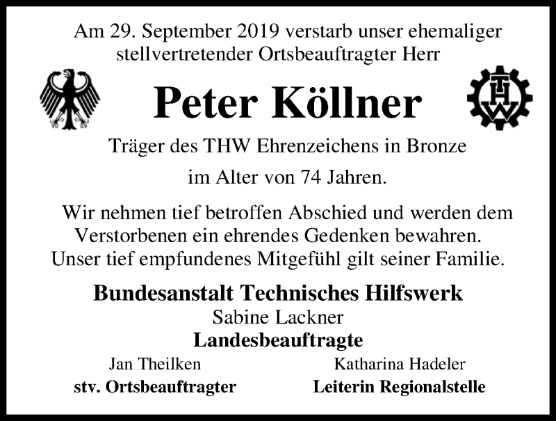  Traueranzeige für Peter Köllner vom 11.10.2019 aus Nordwest-Zeitung