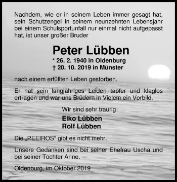 Traueranzeige von Peter Lübben von Nordwest-Zeitung