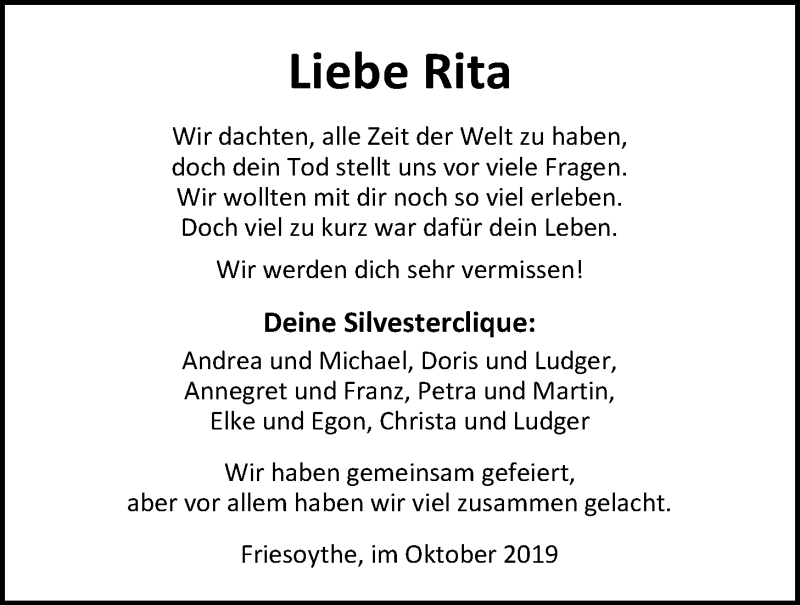  Traueranzeige für Rita von Garrel-Siemer vom 10.10.2019 aus Nordwest-Zeitung