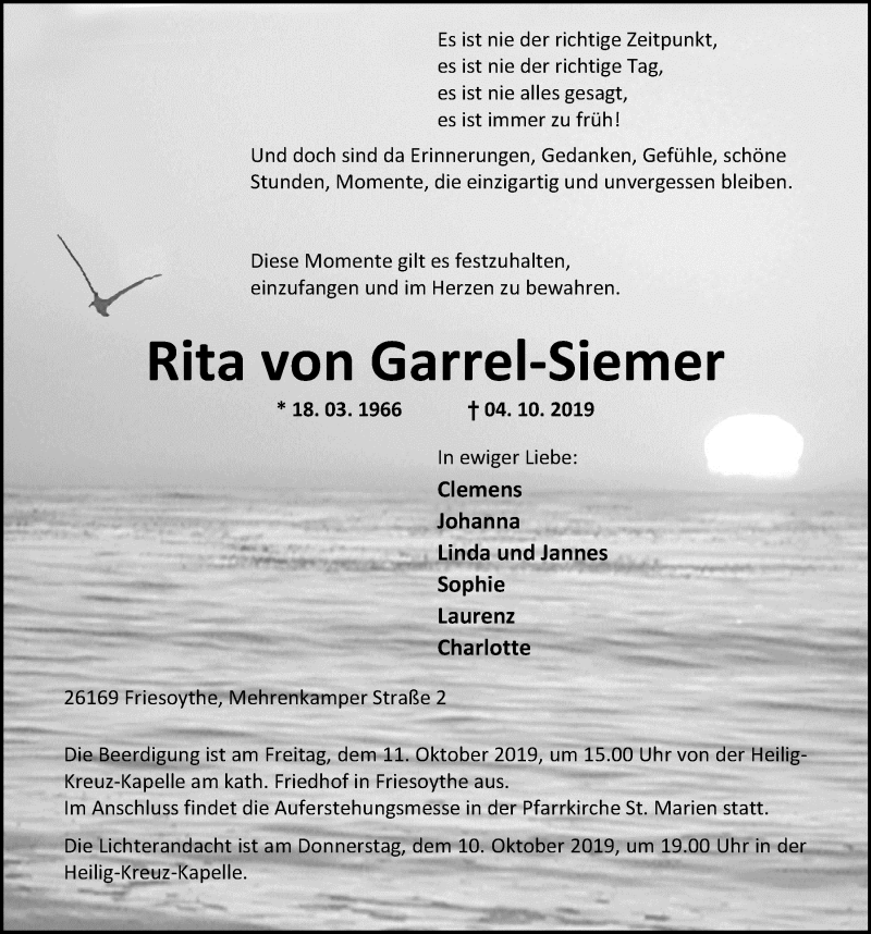  Traueranzeige für Rita von Garrel-Siemer vom 08.10.2019 aus Nordwest-Zeitung