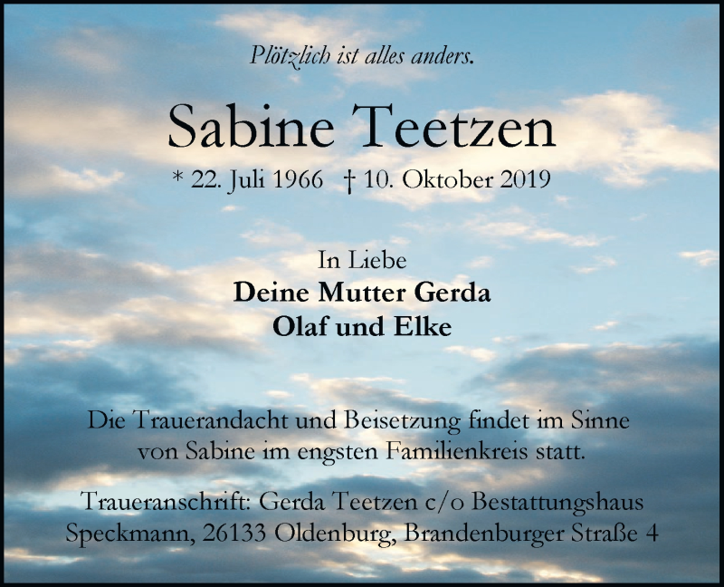  Traueranzeige für Sabine Teetzen vom 16.10.2019 aus Nordwest-Zeitung