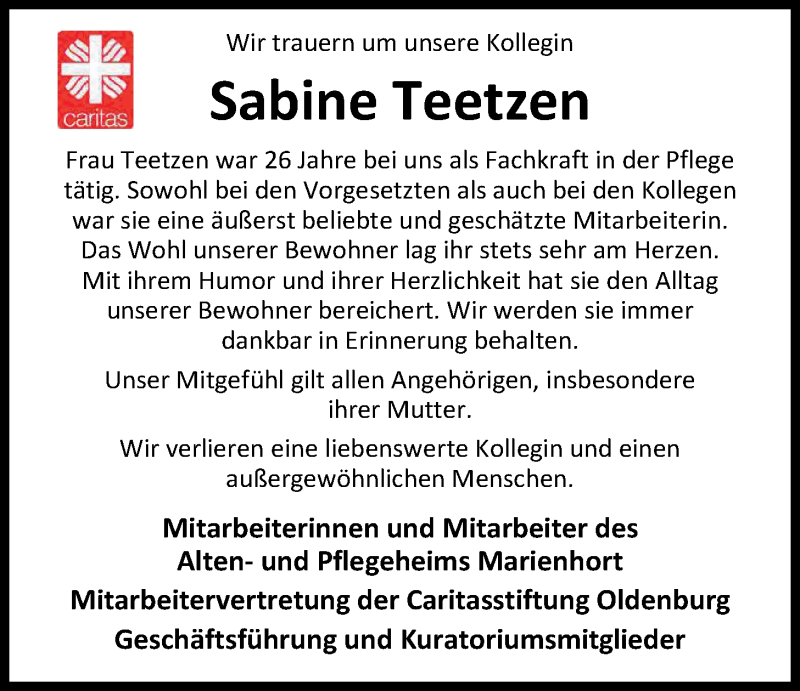  Traueranzeige für Sabine Teetzen vom 19.10.2019 aus Nordwest-Zeitung