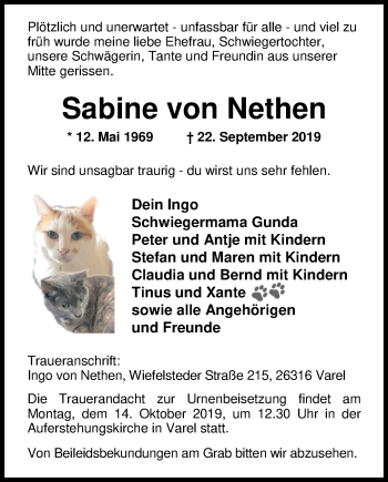 Traueranzeige von Sabine von Nethen von Nordwest-Zeitung