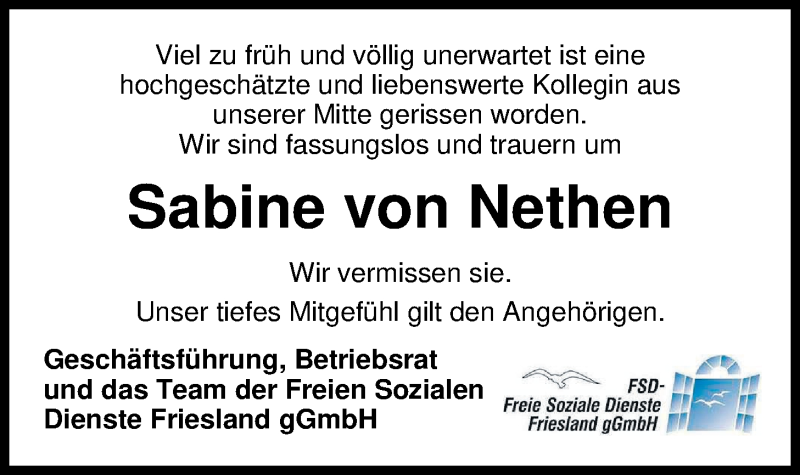  Traueranzeige für Sabine von Nethen vom 11.10.2019 aus Nordwest-Zeitung