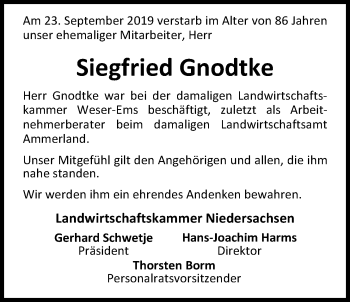 Traueranzeige von Siegfried Gnodtke von Nordwest-Zeitung