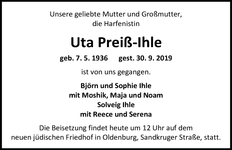  Traueranzeige für Uta Preiß-Ihle vom 02.10.2019 aus Nordwest-Zeitung
