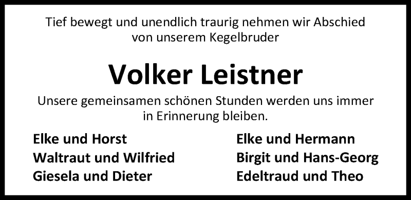  Traueranzeige für Volker Leistner vom 08.10.2019 aus Nordwest-Zeitung