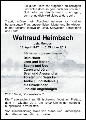 Traueranzeige von Waltraud Heimbach von Nordwest-Zeitung