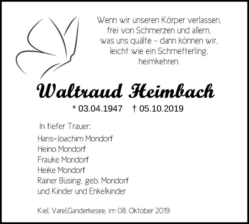  Traueranzeige für Waltraud Heimbach vom 10.10.2019 aus Nordwest-Zeitung