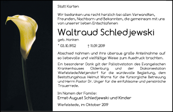 Traueranzeige von Waltraud Schledjewski von Nordwest-Zeitung