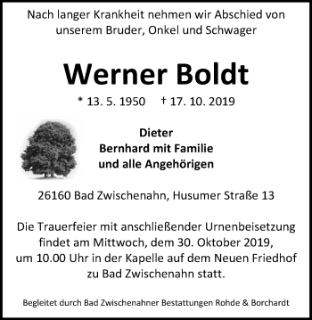 Traueranzeige von Werner Boldt von Nordwest-Zeitung