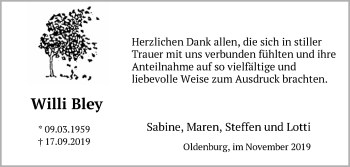 Traueranzeige von Willi Bley von Nordwest-Zeitung