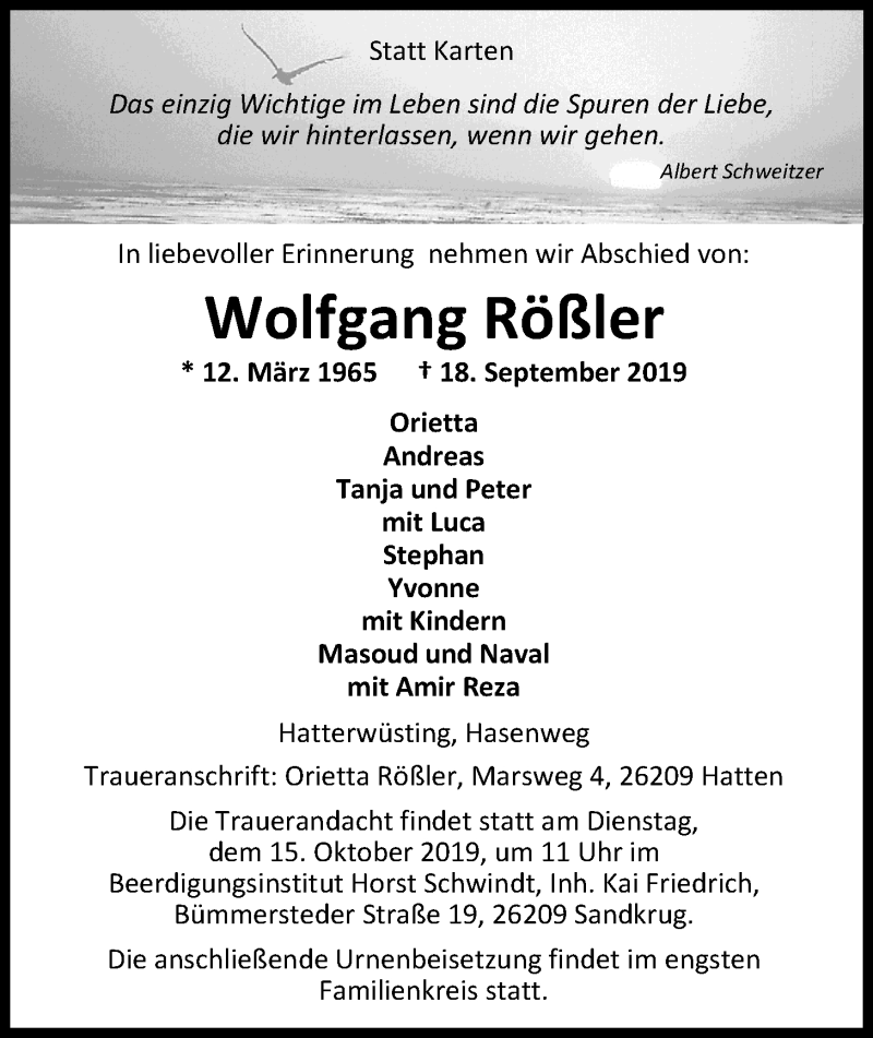  Traueranzeige für Wolfgang Rößler vom 01.10.2019 aus Nordwest-Zeitung