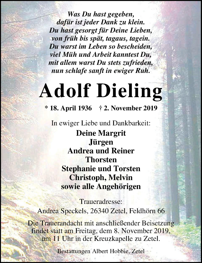  Traueranzeige für Adolf Dieling vom 05.11.2019 aus Nordwest-Zeitung