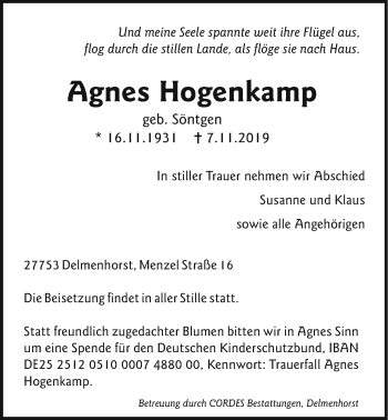 Traueranzeige von Agnes Hogenkamp von Nordwest-Zeitung