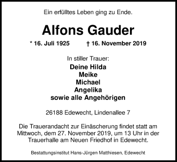 Traueranzeige von Alfons Gauder von Nordwest-Zeitung