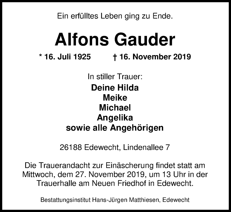  Traueranzeige für Alfons Gauder vom 20.11.2019 aus Nordwest-Zeitung