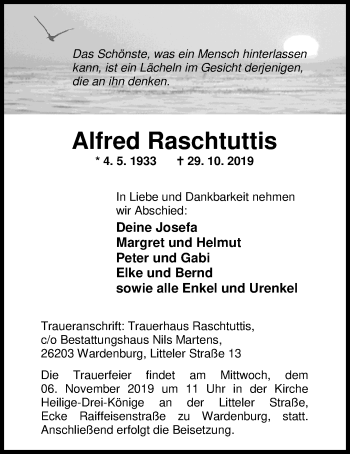 Traueranzeige von Alfred Raschtuttis von Nordwest-Zeitung