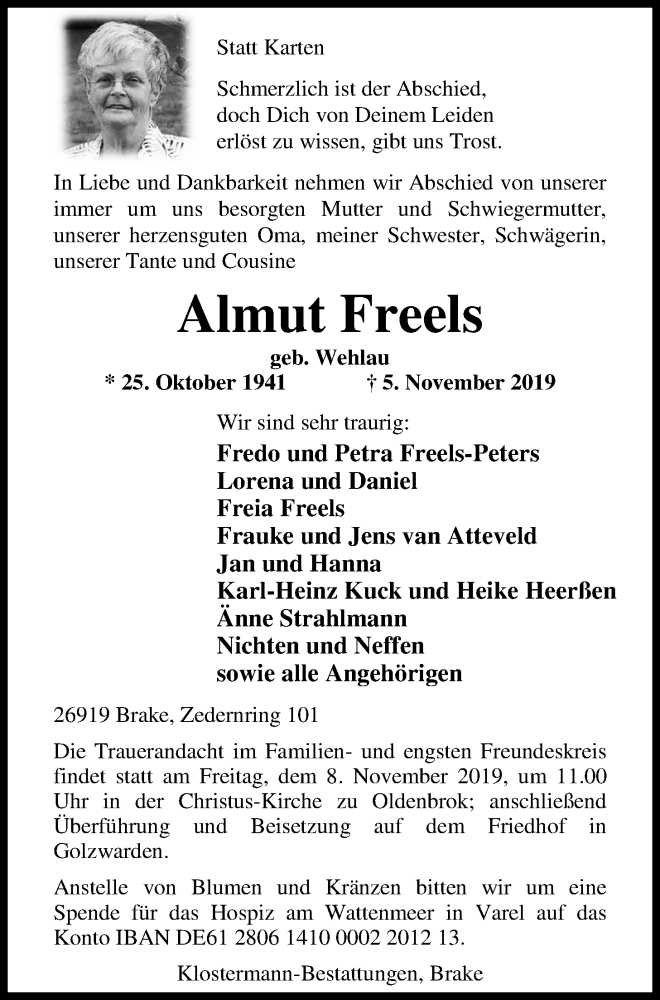  Traueranzeige für Almut Freels vom 06.11.2019 aus Nordwest-Zeitung