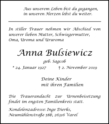 Traueranzeige von Anna Bulsiewicz von Nordwest-Zeitung