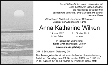 Traueranzeige von Anna Katharine Wilken von Nordwest-Zeitung