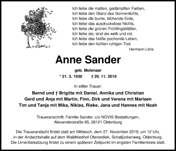 Traueranzeige von Anne Sander von Nordwest-Zeitung