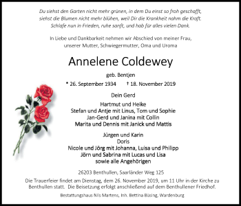 Traueranzeige von Annelene Coldewey von Nordwest-Zeitung