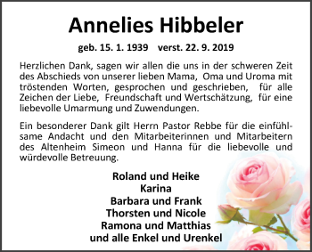 Traueranzeige von Annelies Hibbeler von Nordwest-Zeitung