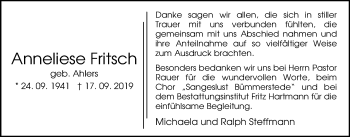 Traueranzeige von Anneliese Fritsch von Nordwest-Zeitung