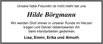 Traueranzeige von Börgmann Hilde von Nordwest-Zeitung