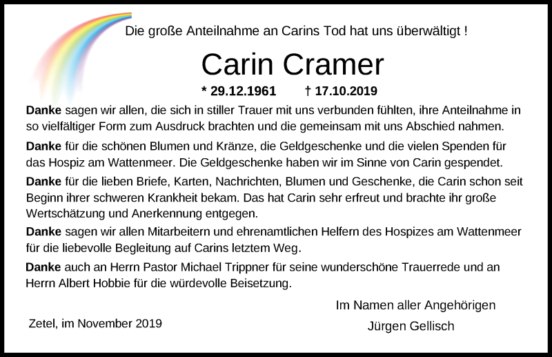  Traueranzeige für Carin Cramer vom 15.11.2019 aus Nordwest-Zeitung