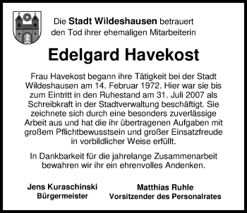 Traueranzeige von Edelgard Havekost von Nordwest-Zeitung