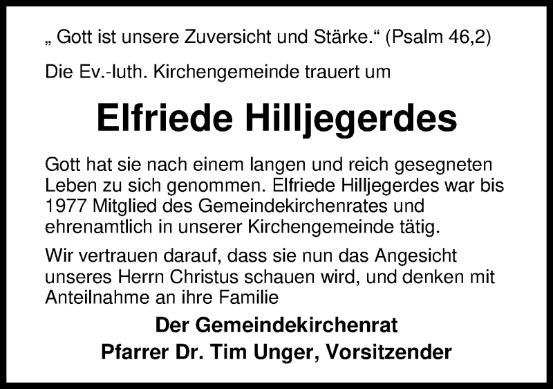  Traueranzeige für Elfriede Hilljegerdes vom 02.11.2019 aus Nordwest-Zeitung