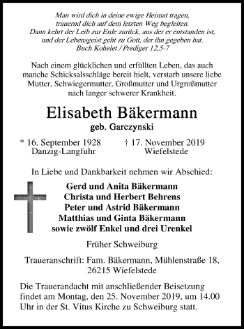 Traueranzeige von Elisabeth Bäkermann von Nordwest-Zeitung