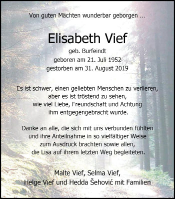 Traueranzeige von Elisabeth Vief von Nordwest-Zeitung