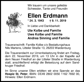 Traueranzeige von Ellen Erdmann von Nordwest-Zeitung
