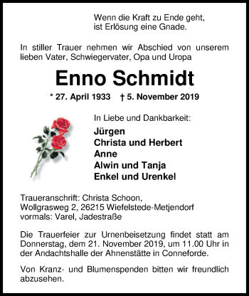 Traueranzeige von Enno Schmidt von Nordwest-Zeitung
