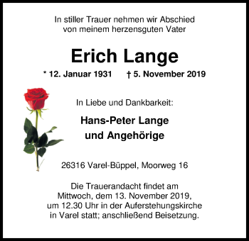 Traueranzeige von Erich Lange von Nordwest-Zeitung