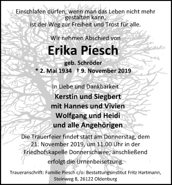 Traueranzeige von Erika Piesch von Nordwest-Zeitung
