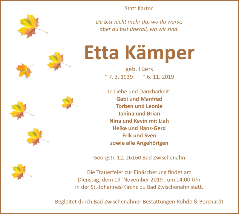  Traueranzeige für Etta Kämper vom 13.11.2019 aus Nordwest-Zeitung