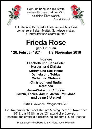 Traueranzeige von Frieda Rose von Nordwest-Zeitung