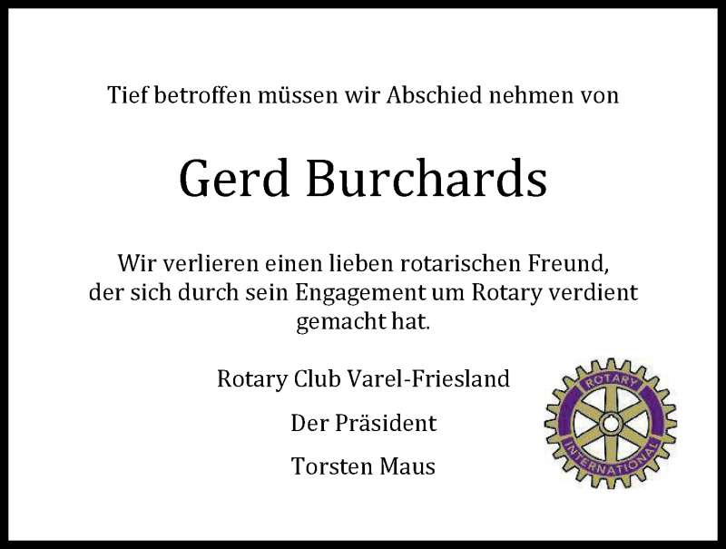  Traueranzeige für Gerd Burchards vom 25.11.2019 aus Nordwest-Zeitung