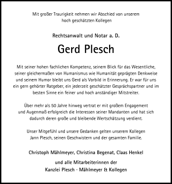 Traueranzeige von Gerd Plesch von Nordwest-Zeitung