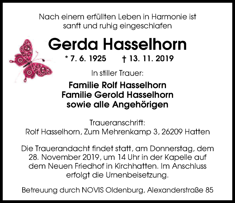  Traueranzeige für Gerda Hasselhorn vom 23.11.2019 aus Nordwest-Zeitung