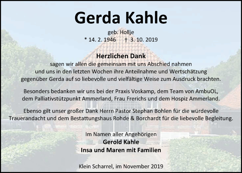  Traueranzeige für Gerda Kahle vom 16.11.2019 aus Nordwest-Zeitung
