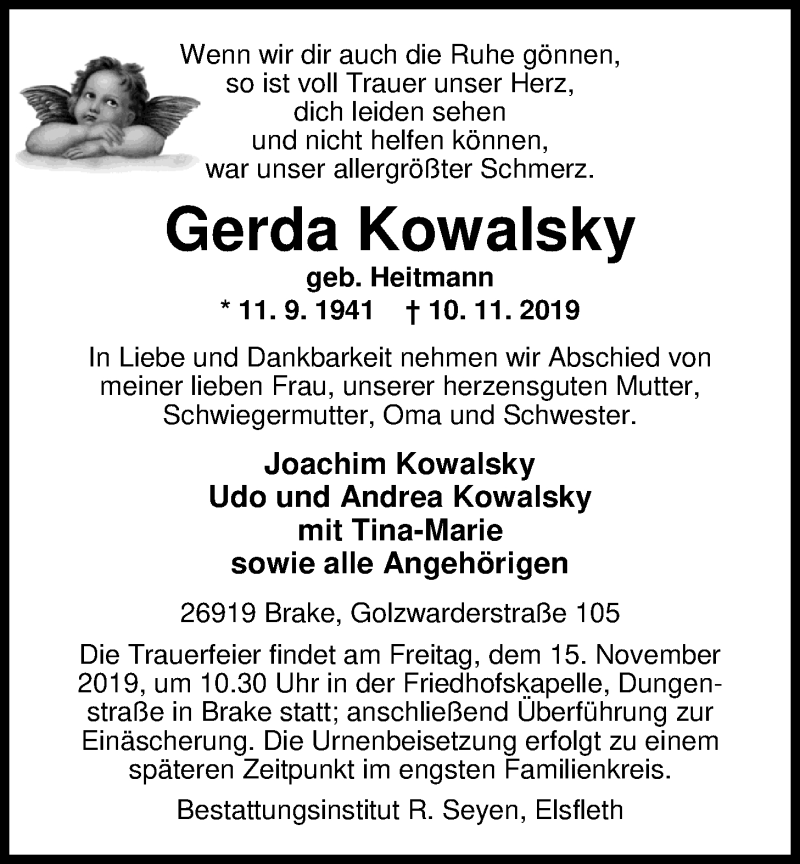  Traueranzeige für Gerda Kowalsky vom 13.11.2019 aus Nordwest-Zeitung