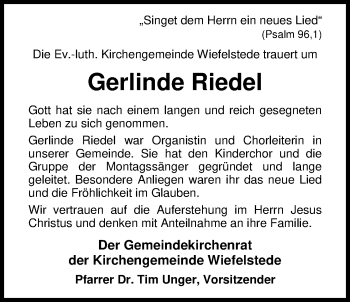 Traueranzeige von Gerlinde Riedel von Nordwest-Zeitung