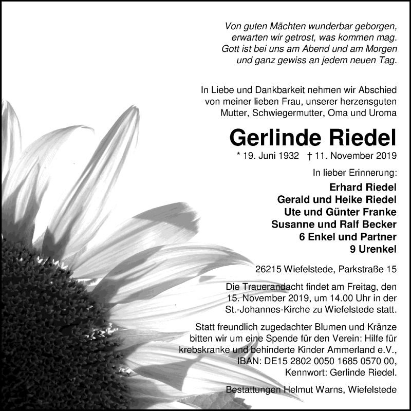  Traueranzeige für Gerlinde Riedel vom 13.11.2019 aus Nordwest-Zeitung